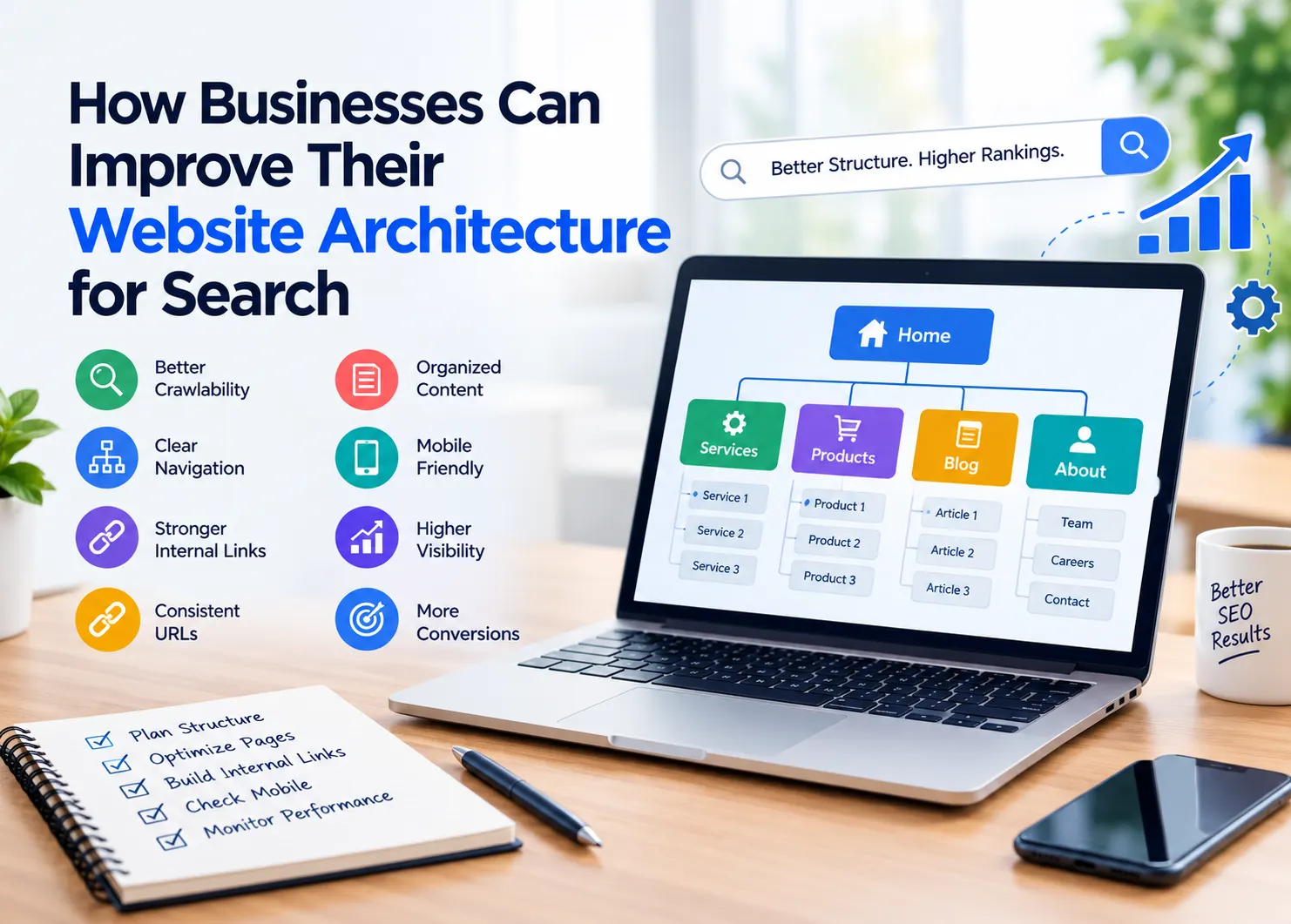 A professional banner illustrating how businesses can improve website architecture for search engines, featuring a laptop displaying a structured website sitemap, clear navigation, organized content, internal links, SEO optimization, mobile friendliness, improved search visibility, and higher conversion potential.
